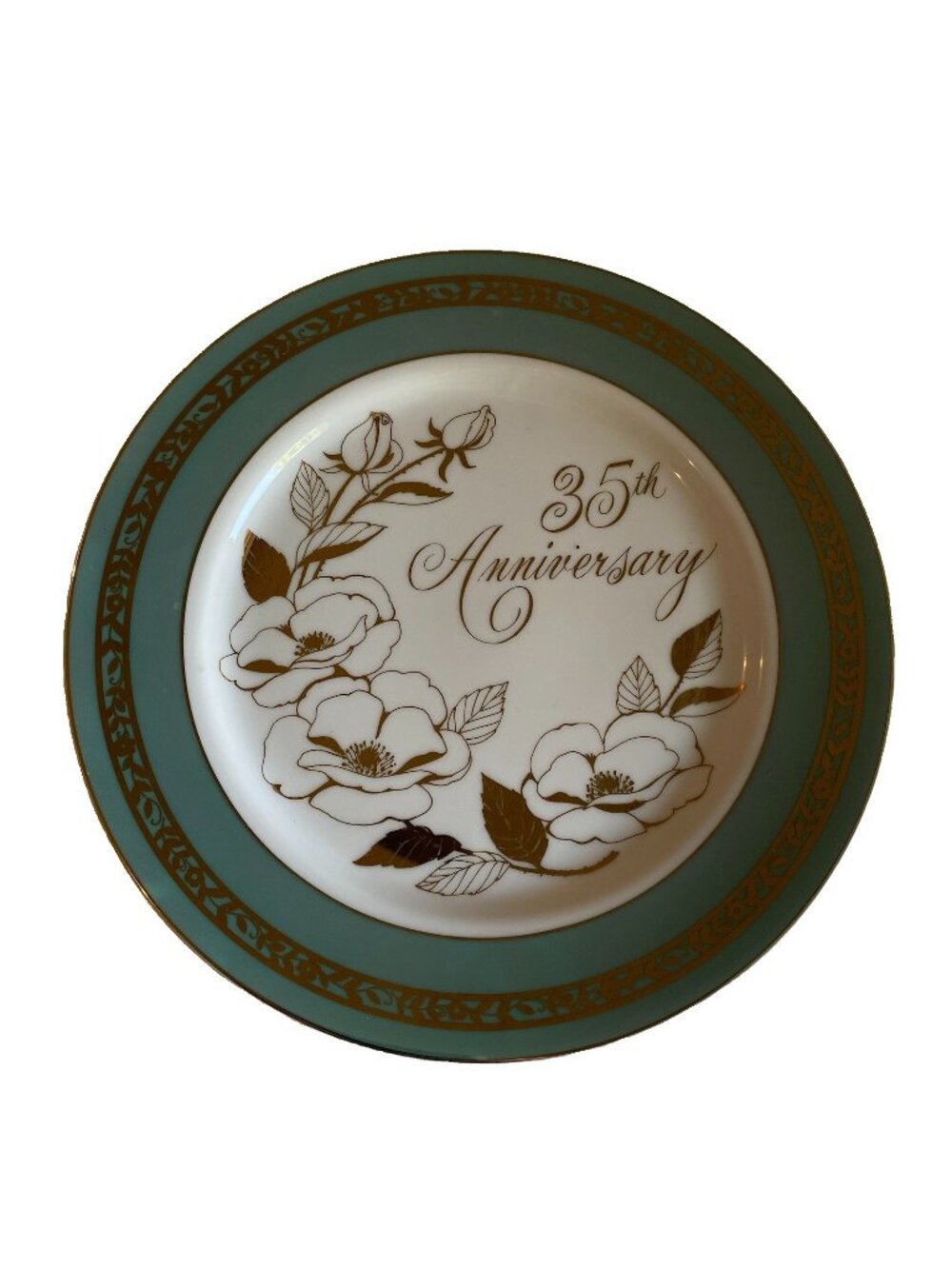 HAPPY 35th ANNIVERSARY PLATE GOLD-77GREEN PAINTED BY GEORGE. 10”x10”
